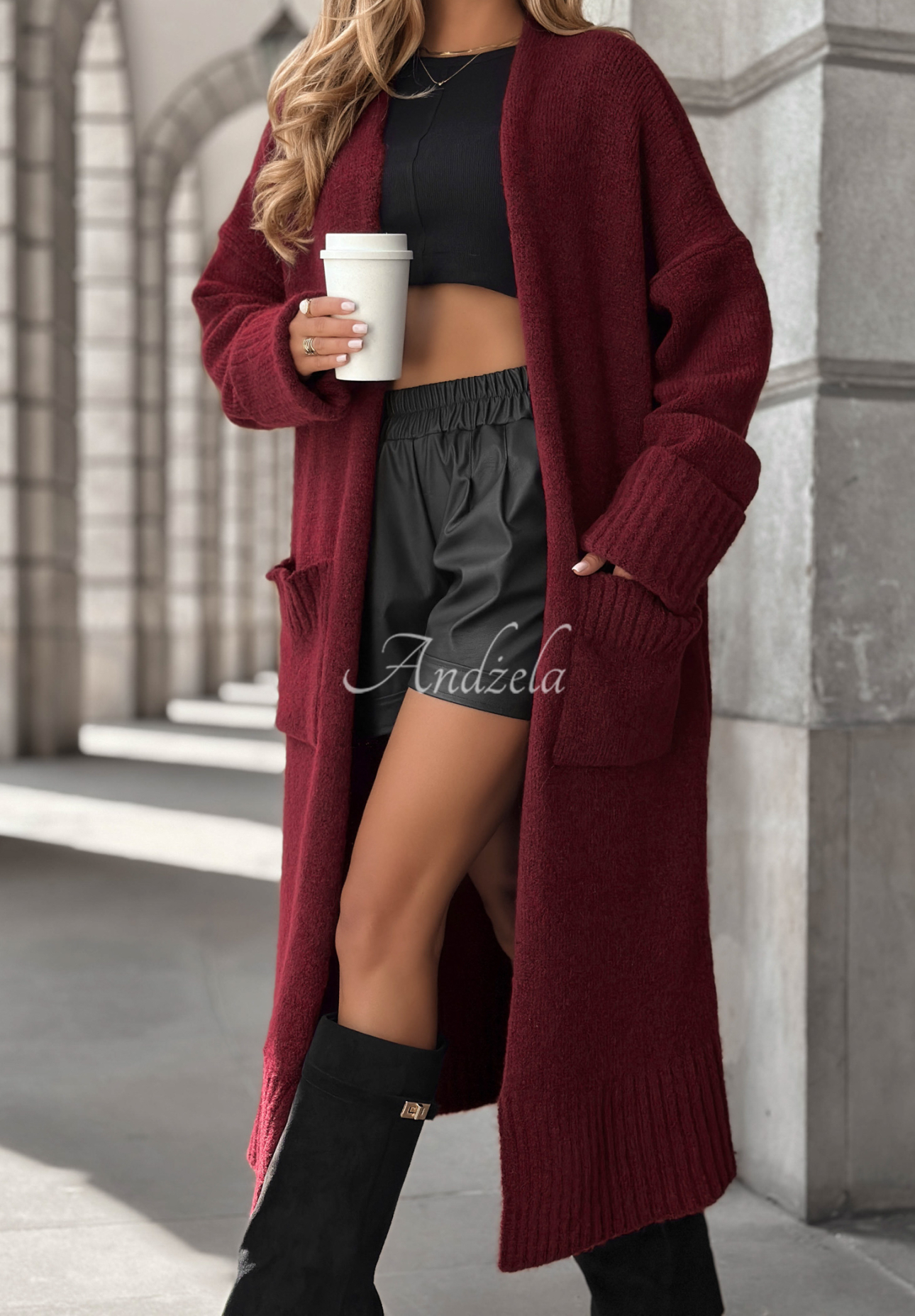 Długi kardigan oversize z kieszeniami z wełną Marbelio burgundowy