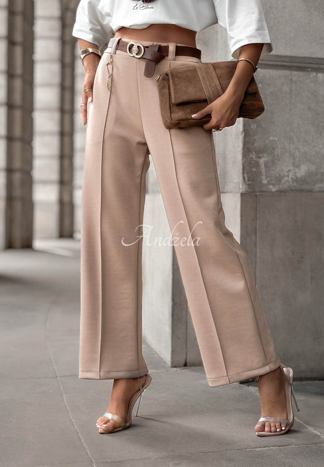 Materiałowe spodnie masełko z paskiem Full Battery mokka