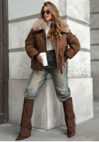 Pikowana kurtka z futerkiem Missed Call czekoladowa