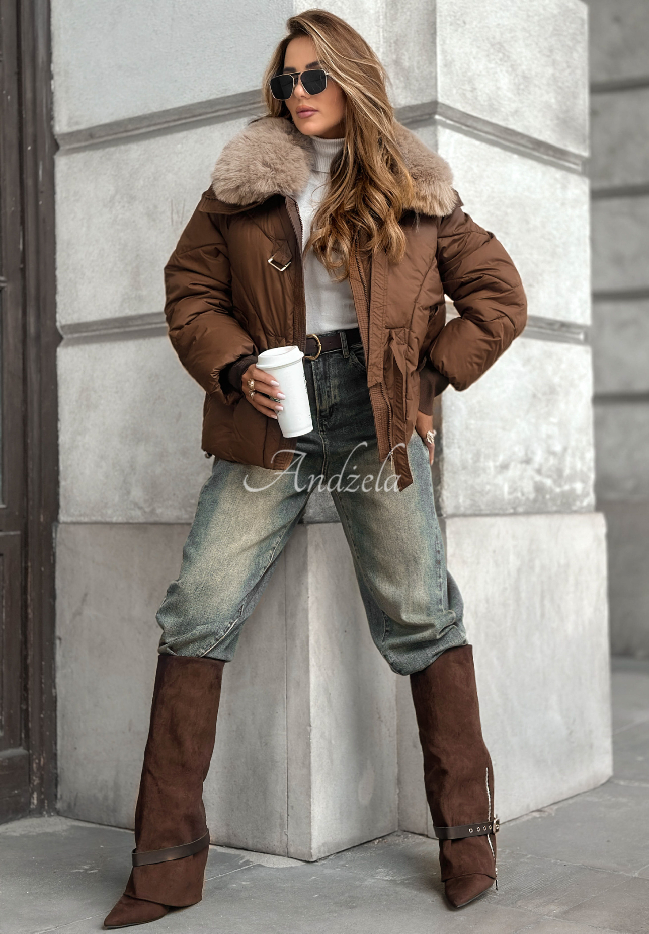 Quilted jacket with faux fur Missed Call chocolate