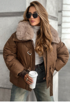 Pikowana kurtka z futerkiem Missed Call czekoladowa