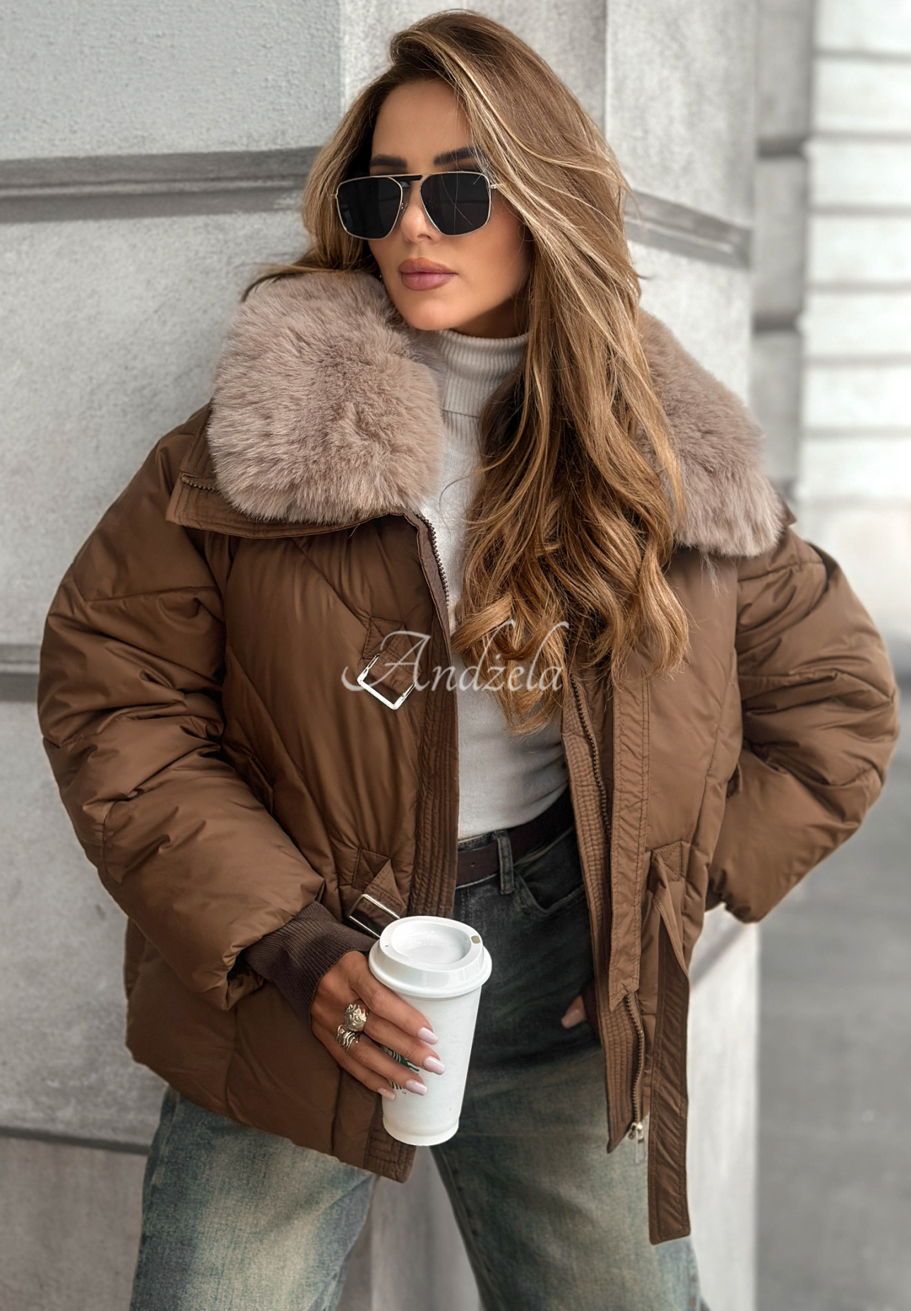 Quilted jacket with faux fur Missed Call chocolate