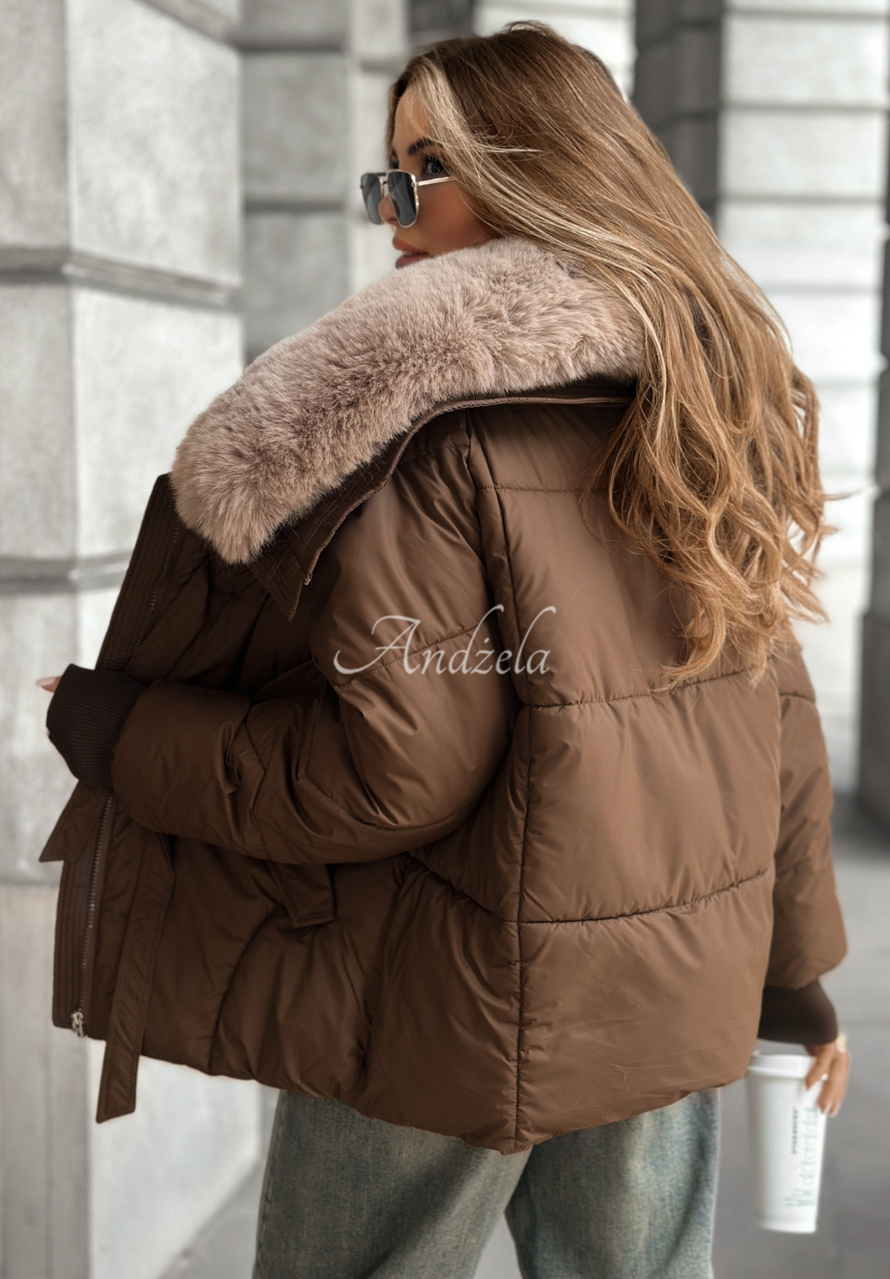 Quilted jacket with faux fur Missed Call chocolate