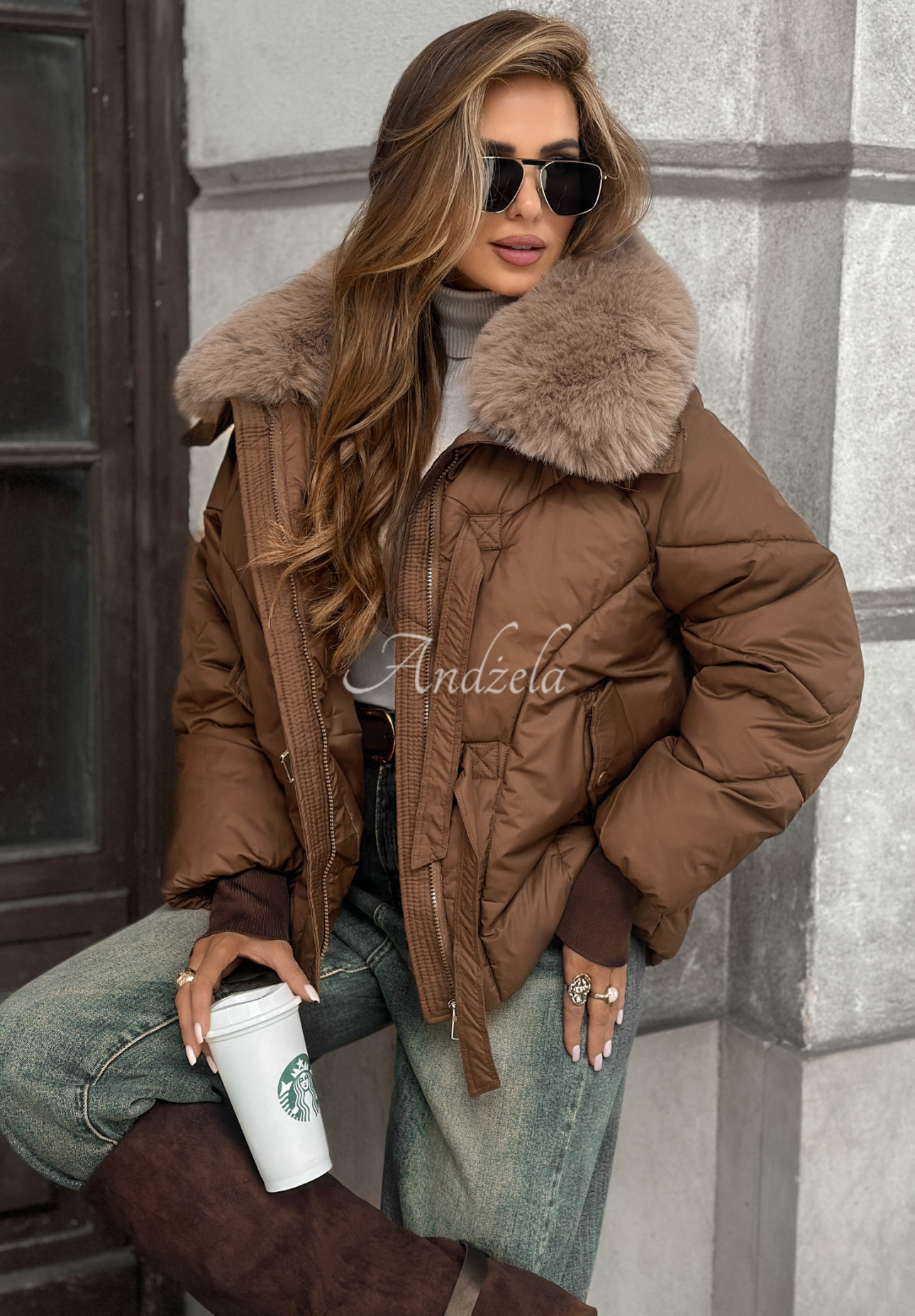 Quilted jacket with faux fur Missed Call chocolate