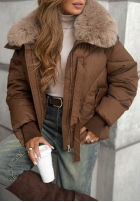 Pikowana kurtka z futerkiem Missed Call czekoladowa