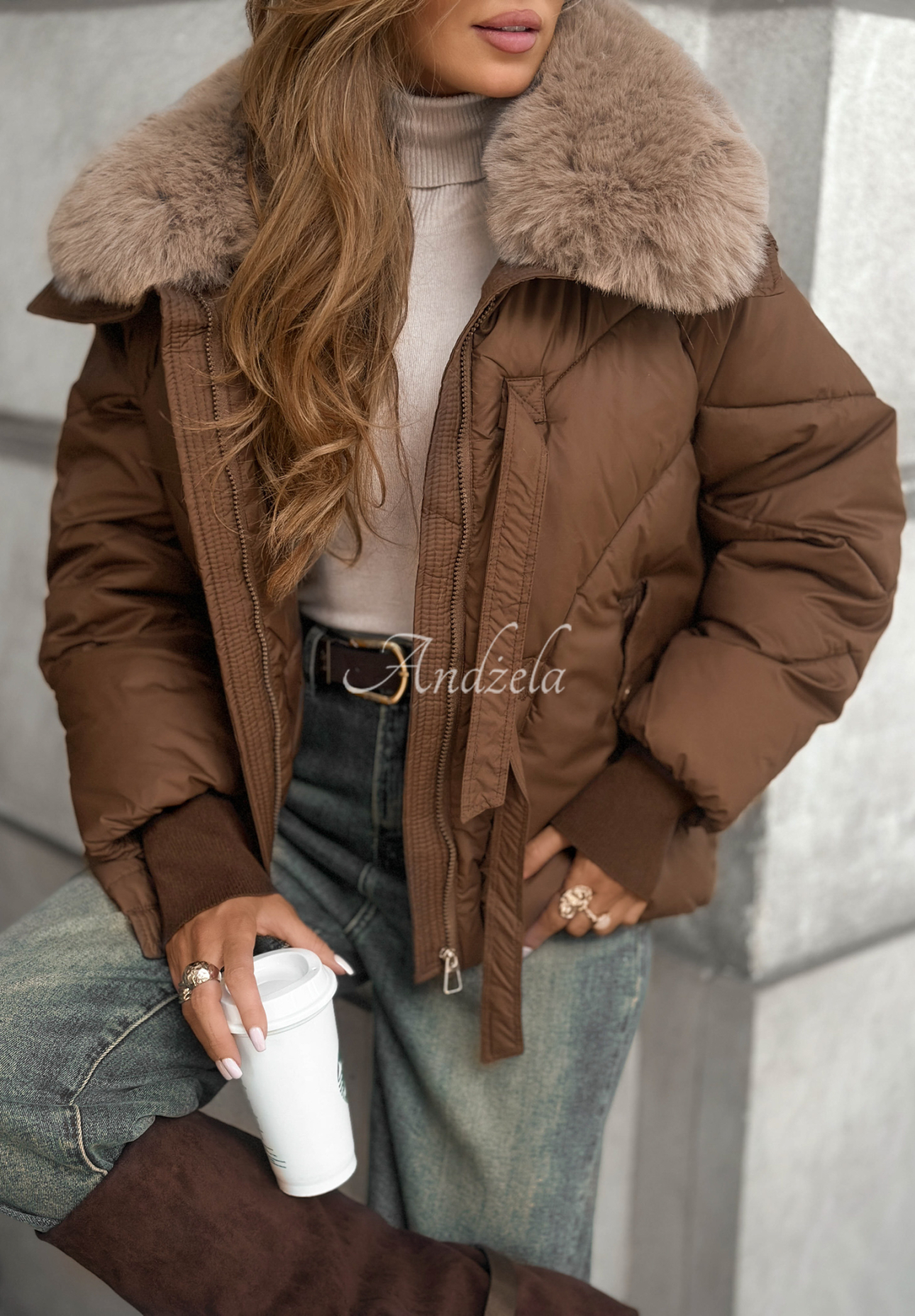 Quilted jacket with faux fur Missed Call chocolate