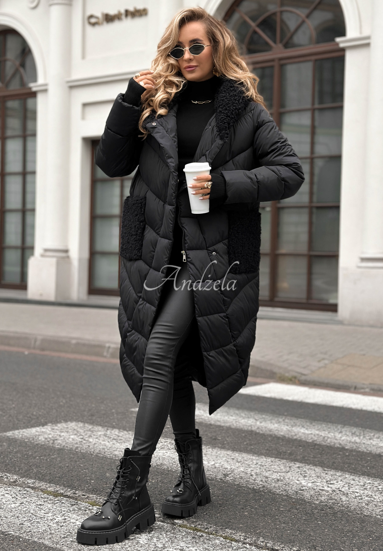 Long quilted jacket with sheepskin Long Cold Winter black
