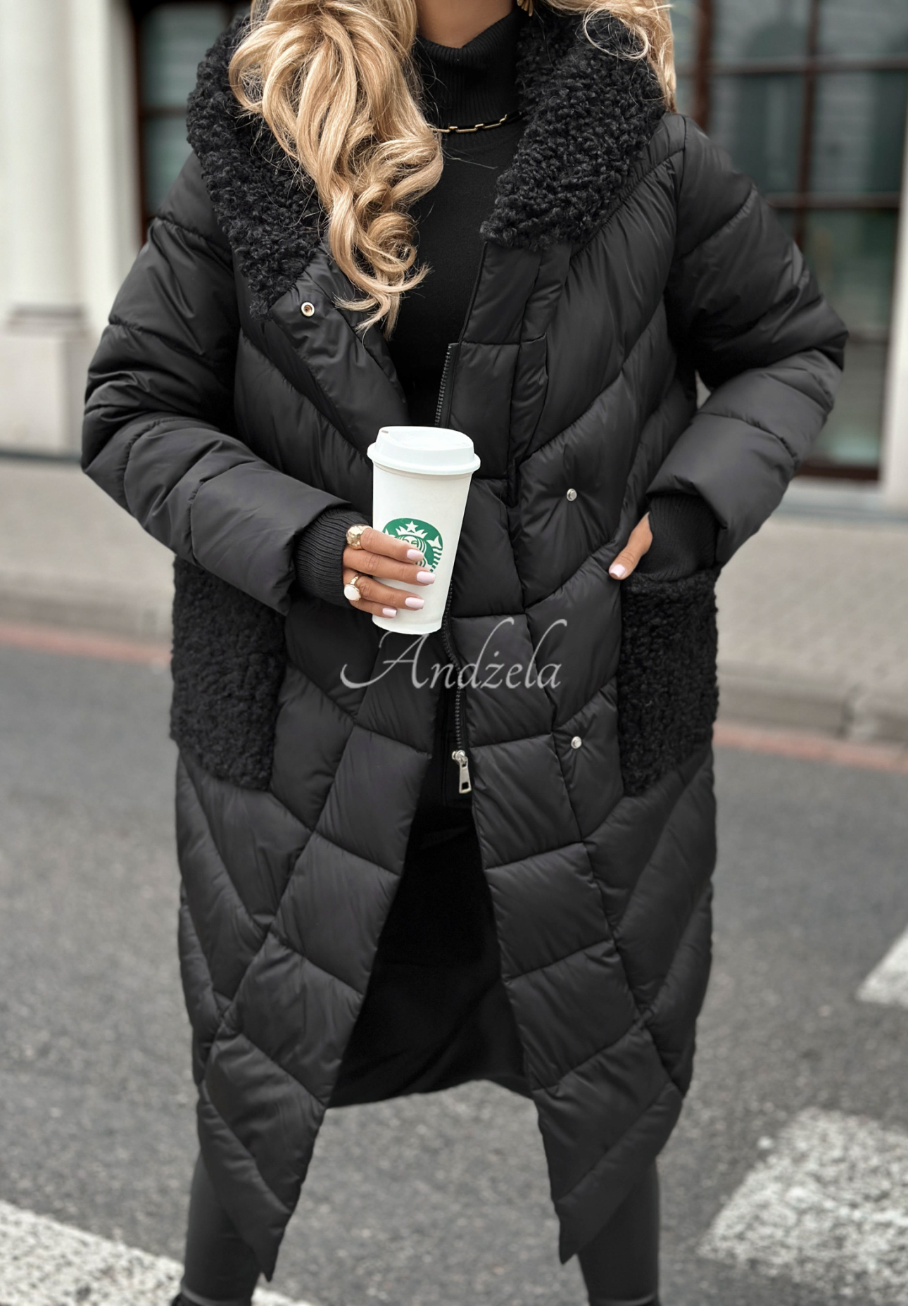 Długa pikowana kurtka z kożuszkiem Long Cold Winter czarna