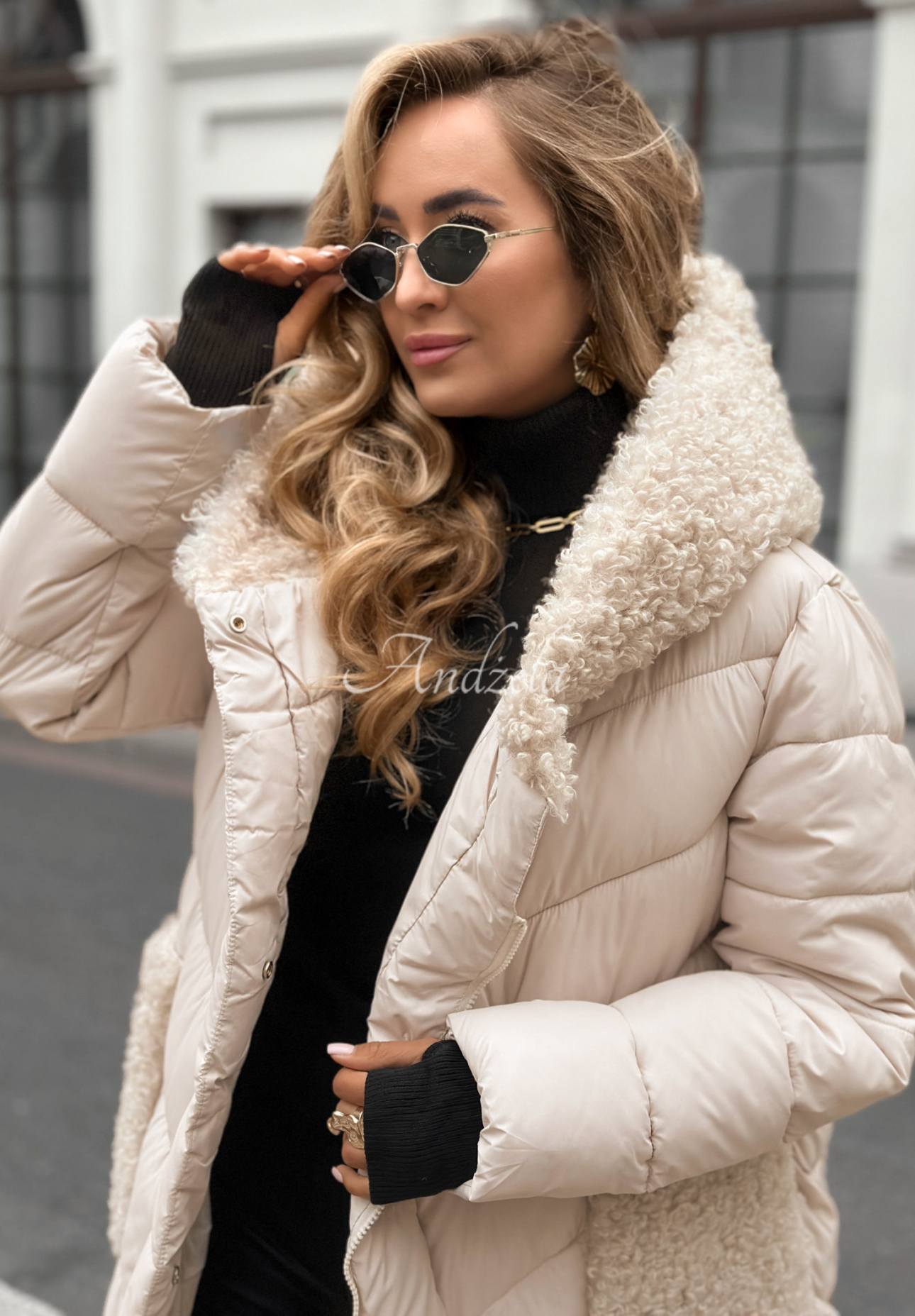 Long quilted sheepskin jacket Long Cold Winter beige