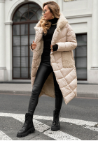 Długa pikowana kurtka z kożuszkiem Long, Cold Winter beżowa