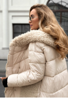 Długa pikowana kurtka z kożuszkiem Long, Cold Winter beżowa