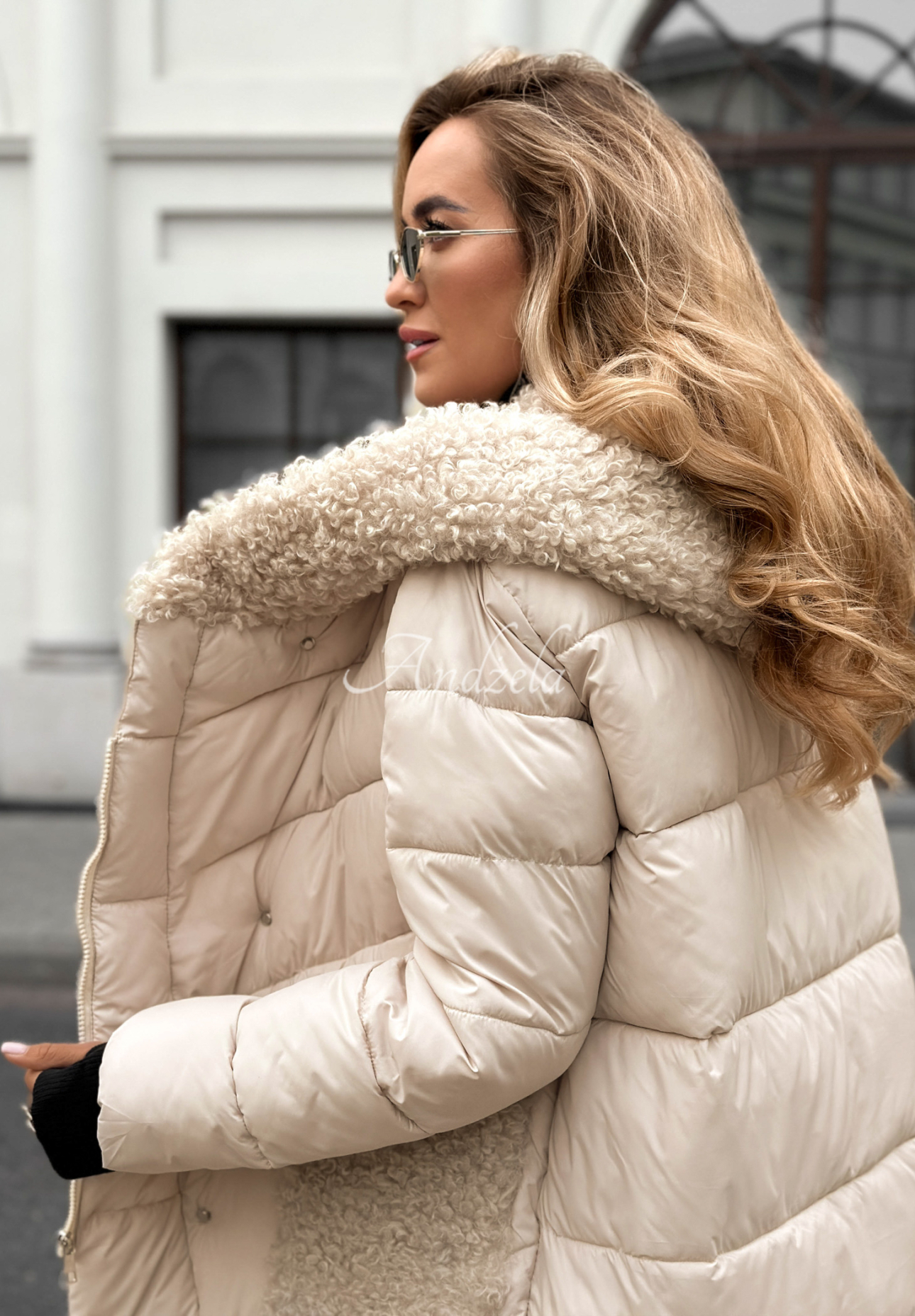 Long quilted sheepskin jacket Long Cold Winter beige