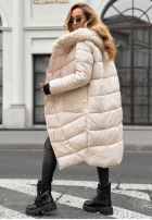 Długa pikowana kurtka z kożuszkiem Long, Cold Winter beżowa