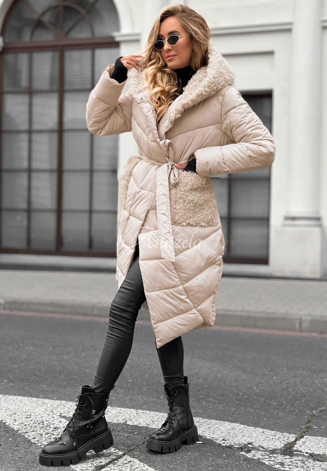 Long quilted sheepskin jacket Long Cold Winter beige