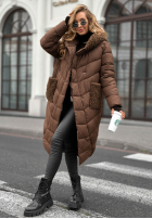 Długa pikowana kurtka z kożuszkiem Long, Cold Winter czekoladowa