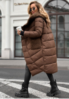 Długa pikowana kurtka z kożuszkiem Long, Cold Winter czekoladowa