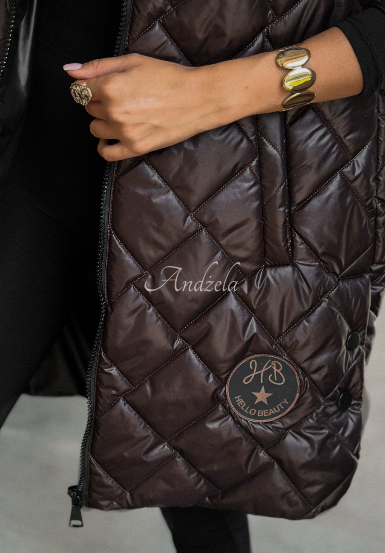 Długa pikowana kamizelka Five Minutes Late czekoladowa