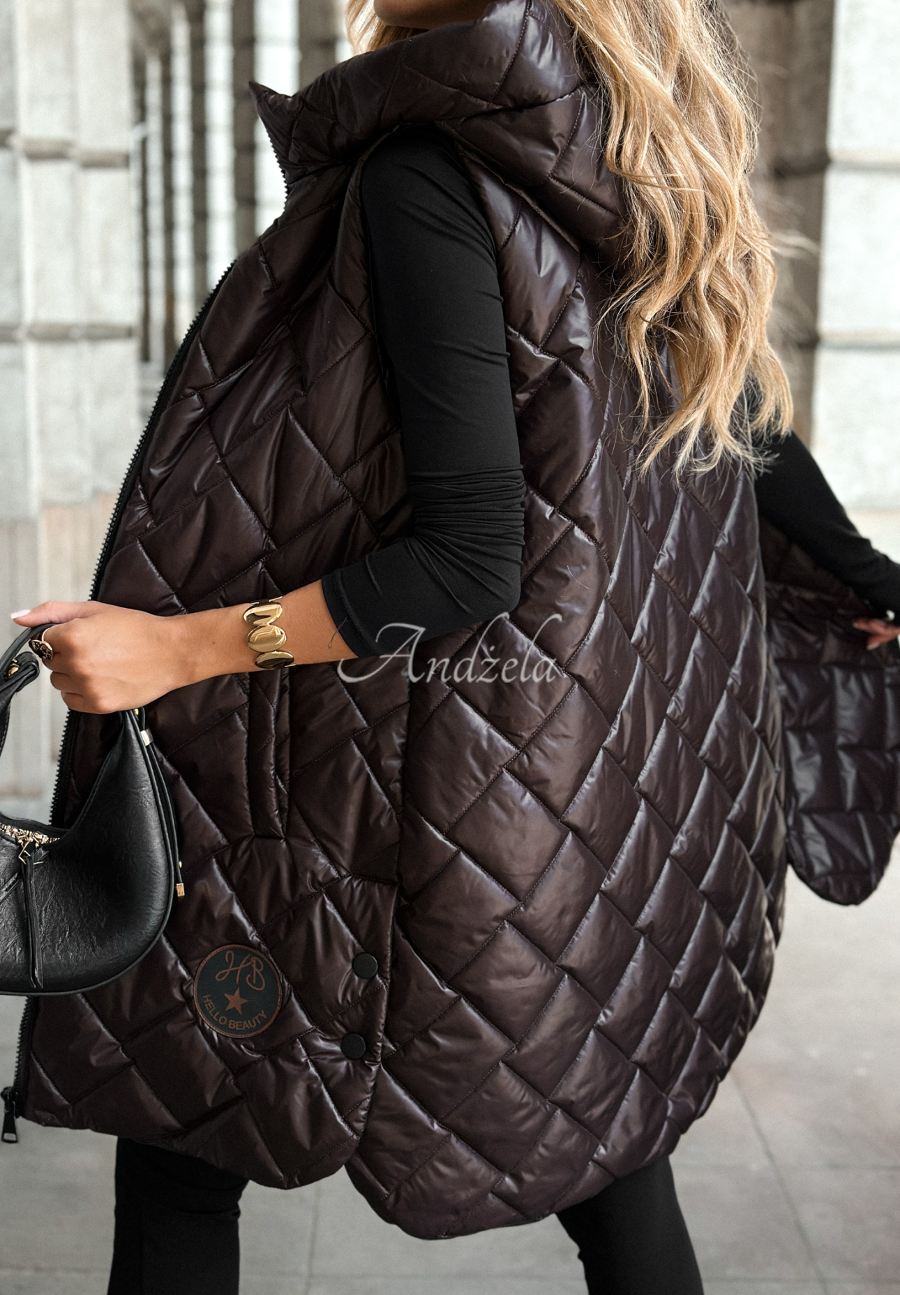 Długa pikowana kamizelka Five Minutes Late czekoladowa