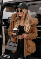 Płaszcz alpaka z kapturem i futerkiem Velvet Embrace jasnoczekoladowy