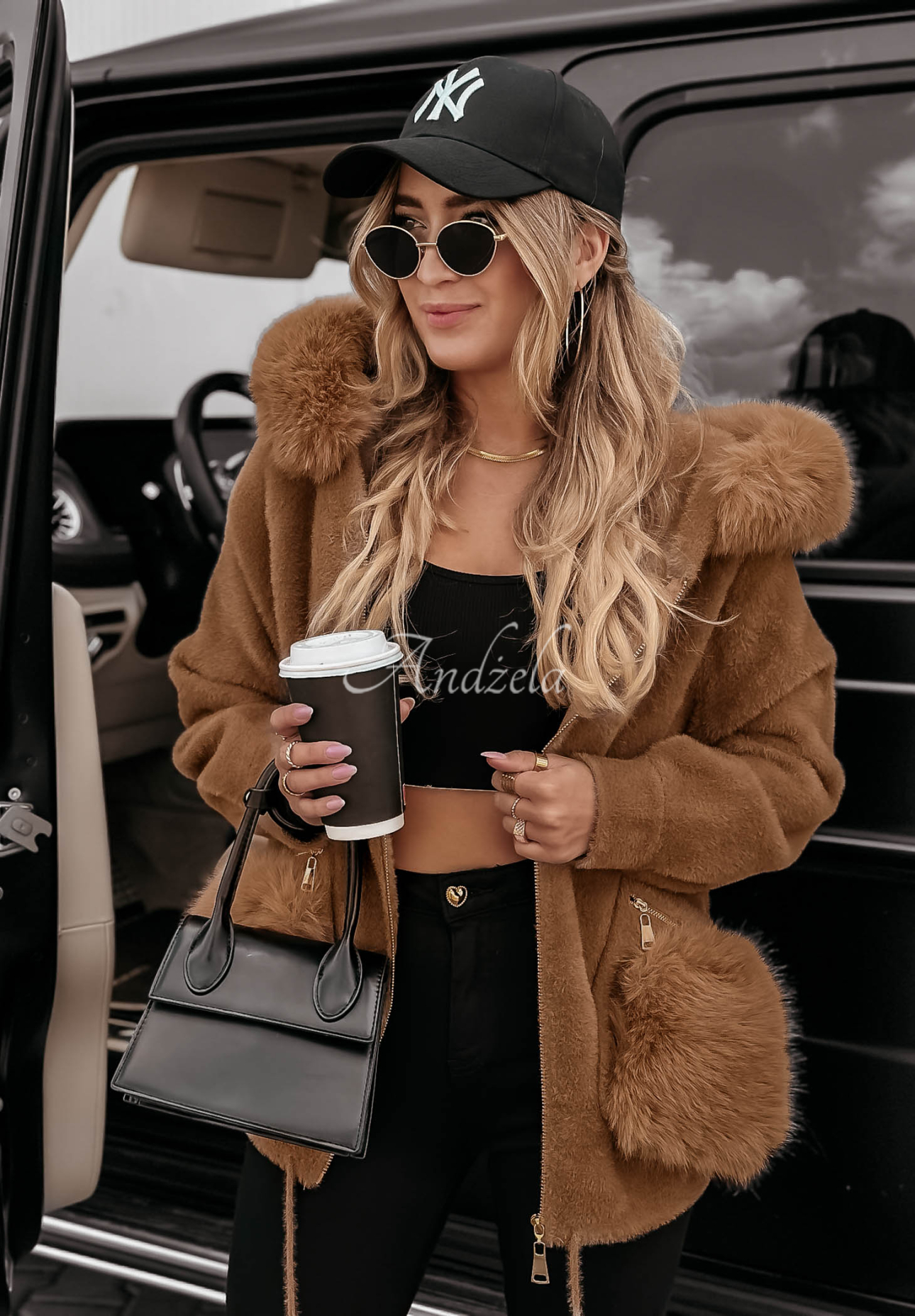 Velvet Embrace light chocolate alpaca coat with hood and fur