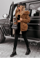 Płaszcz alpaka z kapturem i futerkiem Velvet Embrace jasnoczekoladowy