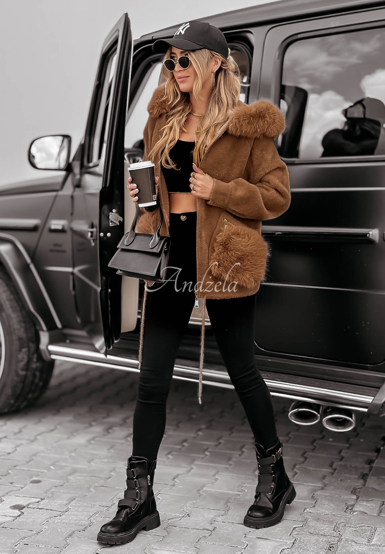 Velvet Embrace light chocolate alpaca coat with hood and fur