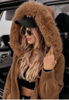 Płaszcz alpaka z kapturem i futerkiem Velvet Embrace jasnoczekoladowy