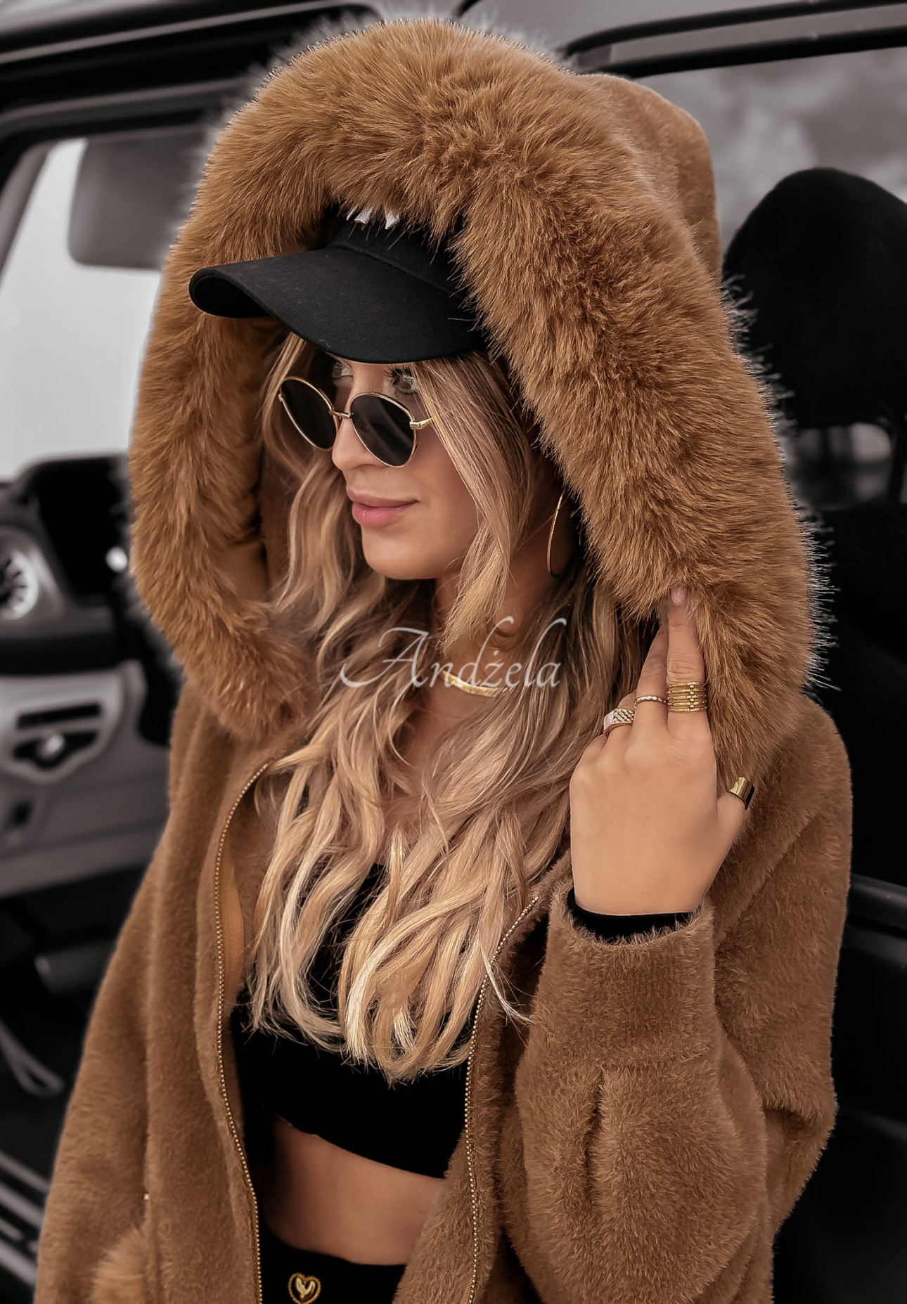 Velvet Embrace light chocolate alpaca coat with hood and fur