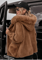 Płaszcz alpaka z kapturem i futerkiem Velvet Embrace jasnoczekoladowy