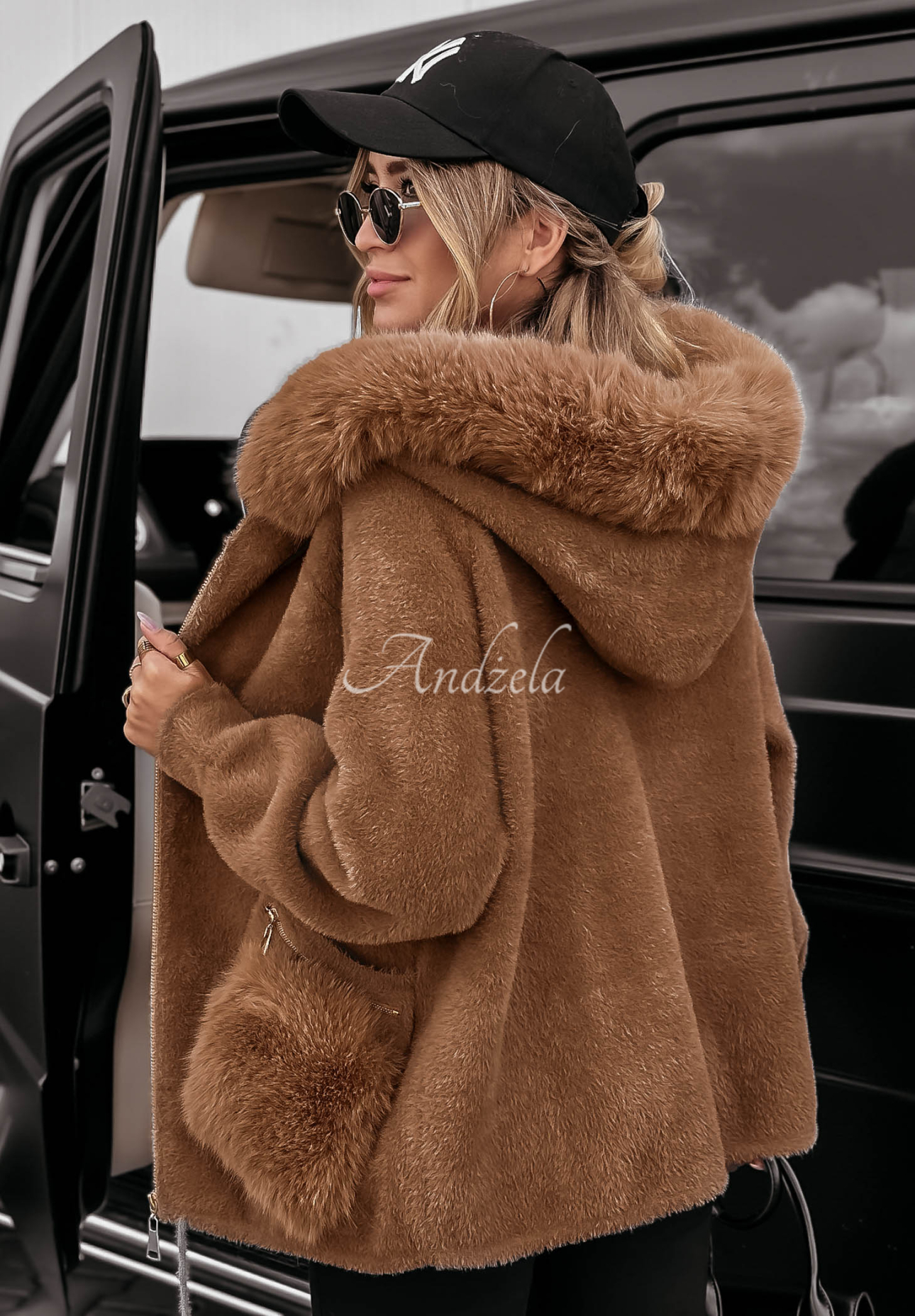 Velvet Embrace light chocolate alpaca coat with hood and fur