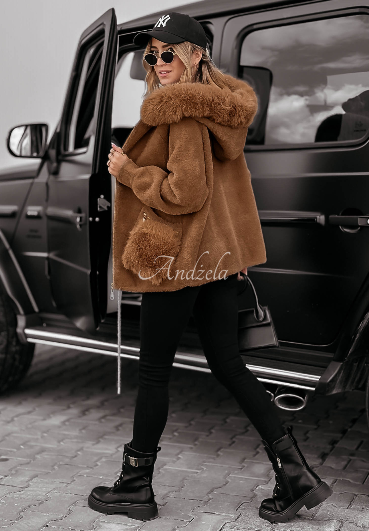 Velvet Embrace light chocolate alpaca coat with hood and fur