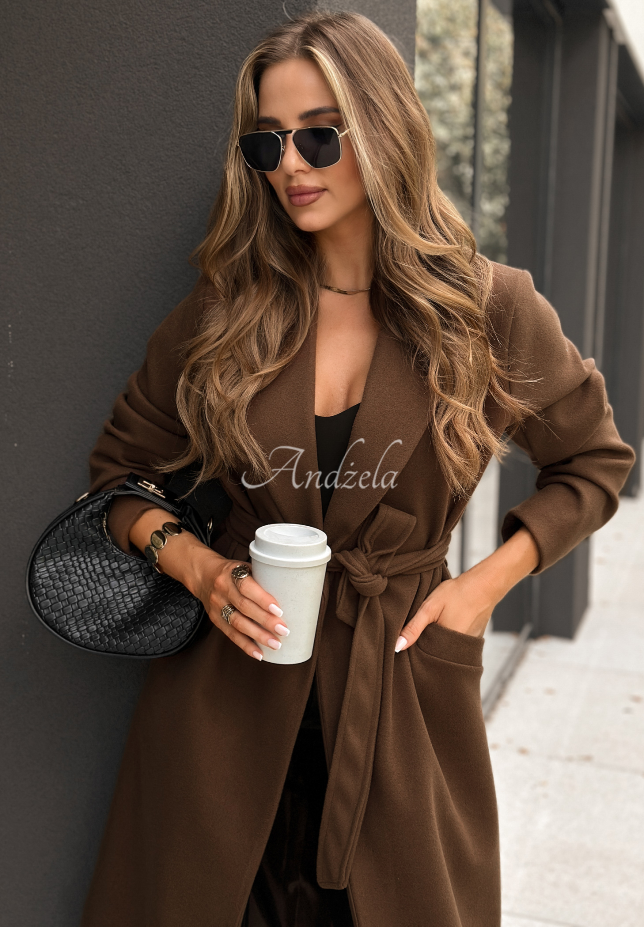 Długi wiązany płaszcz Sensual czekoladowy