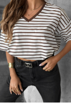 T-shirt w paski Try That Again biało-czekoladowy