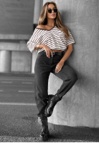 T-shirt w paski Try That Again biało-czekoladowy