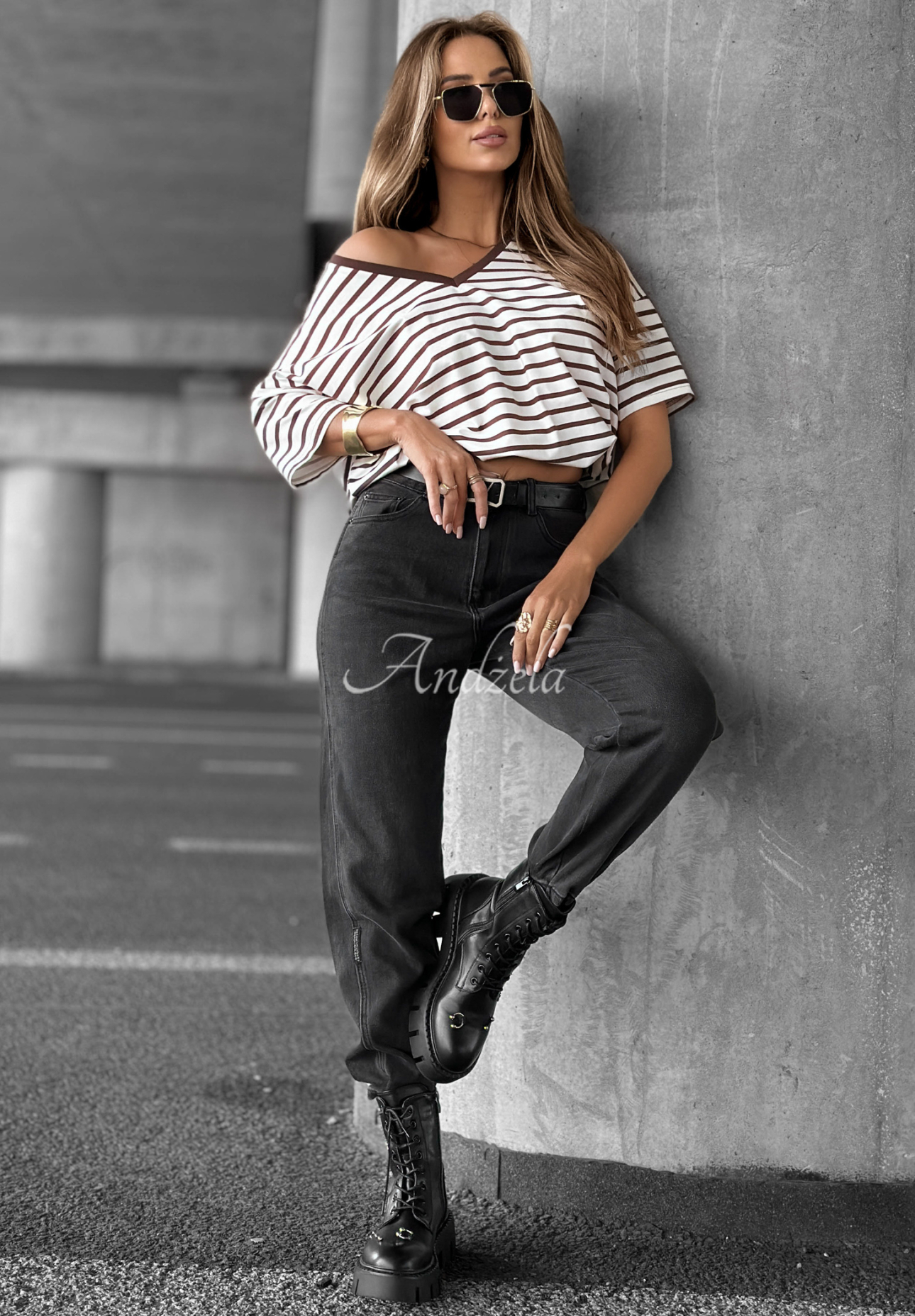 Bawełniany T-shirt w paski Cascade biało-czekoladowy