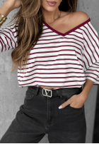 T-shirt w paski Try That Again biało-burgundowy