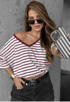 T-shirt w paski Try That Again biało-burgundowy