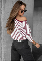 T-shirt w paski Try That Again biało-burgundowy