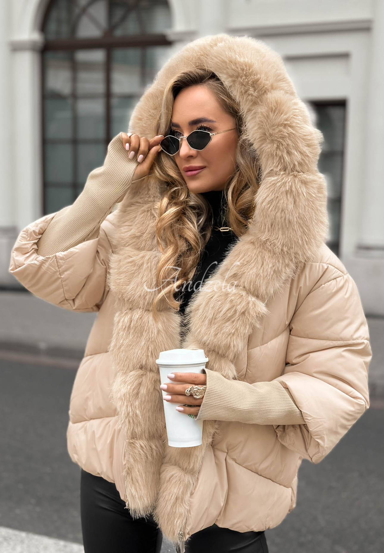 Frosty Horizon short quilted fur jacket dark beige