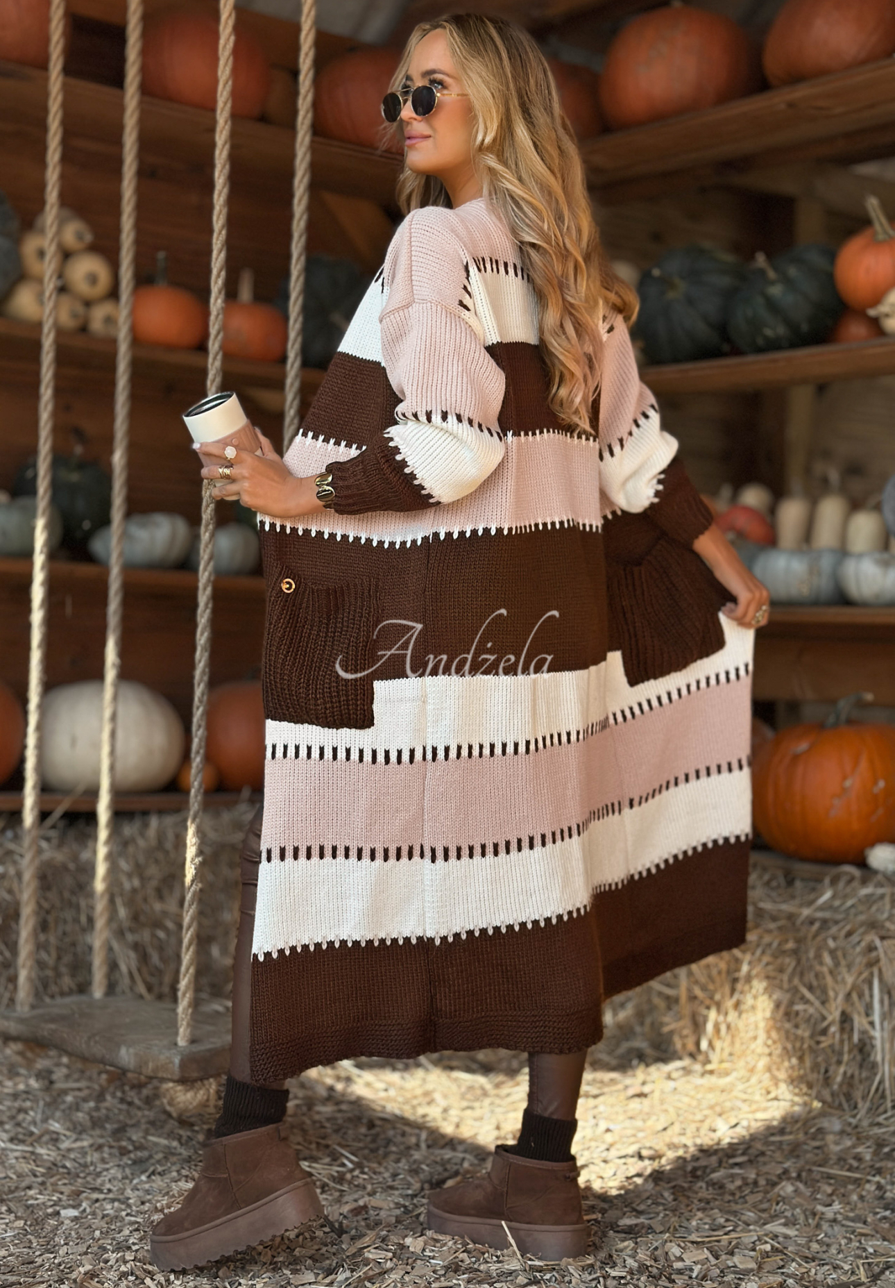 Long striped cardigan by Spill The Tea beige and chocolate