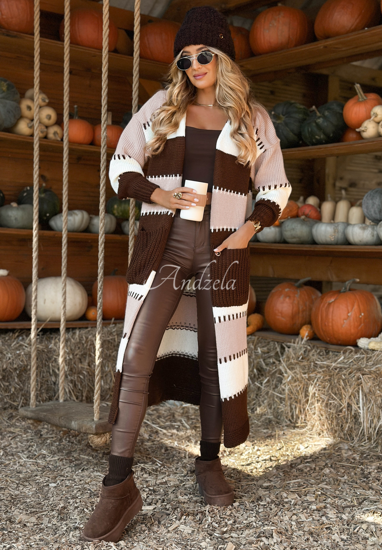 Long striped cardigan by Spill The Tea beige and chocolate