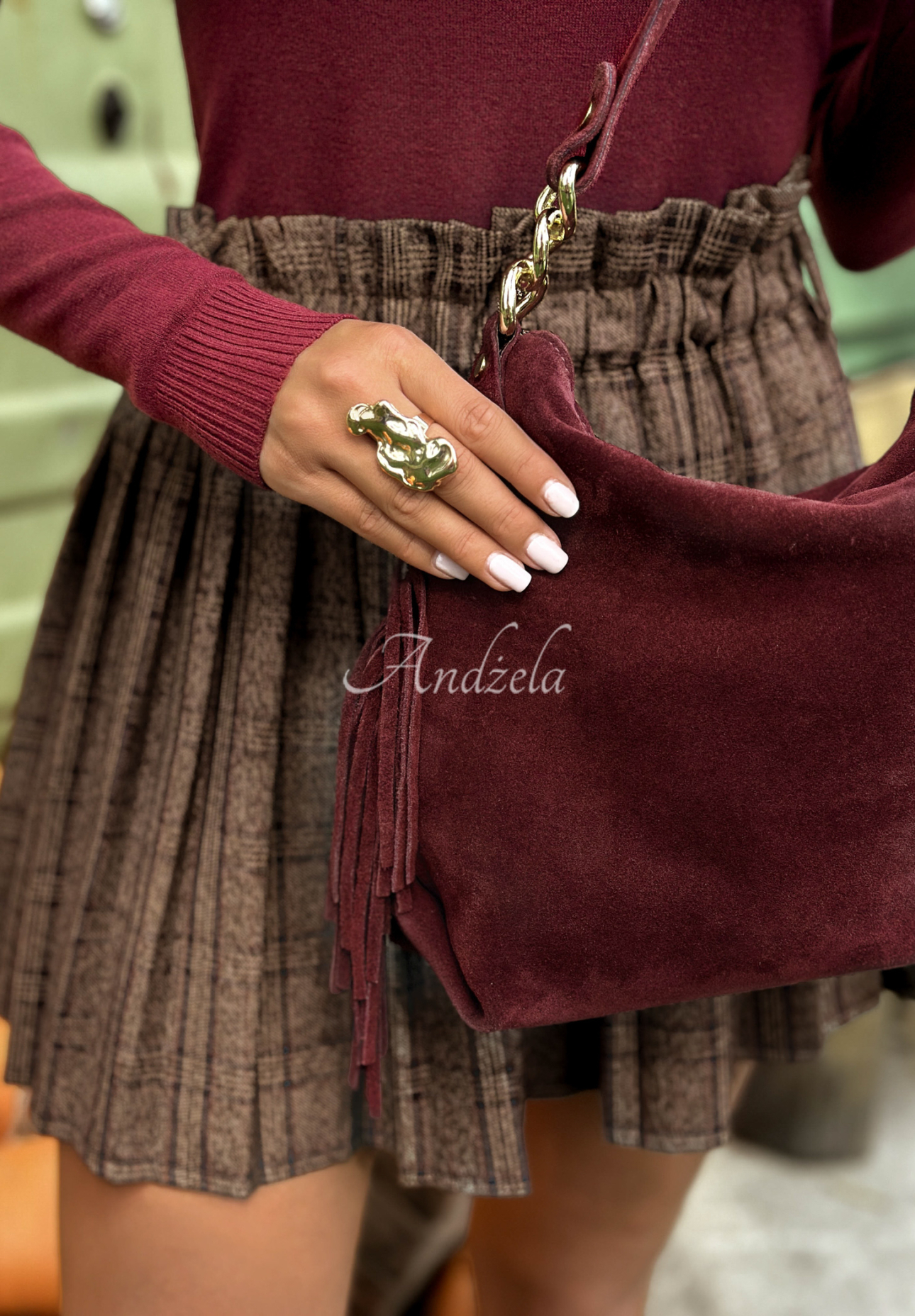 Suede handbag with tassels Final Message burgundy