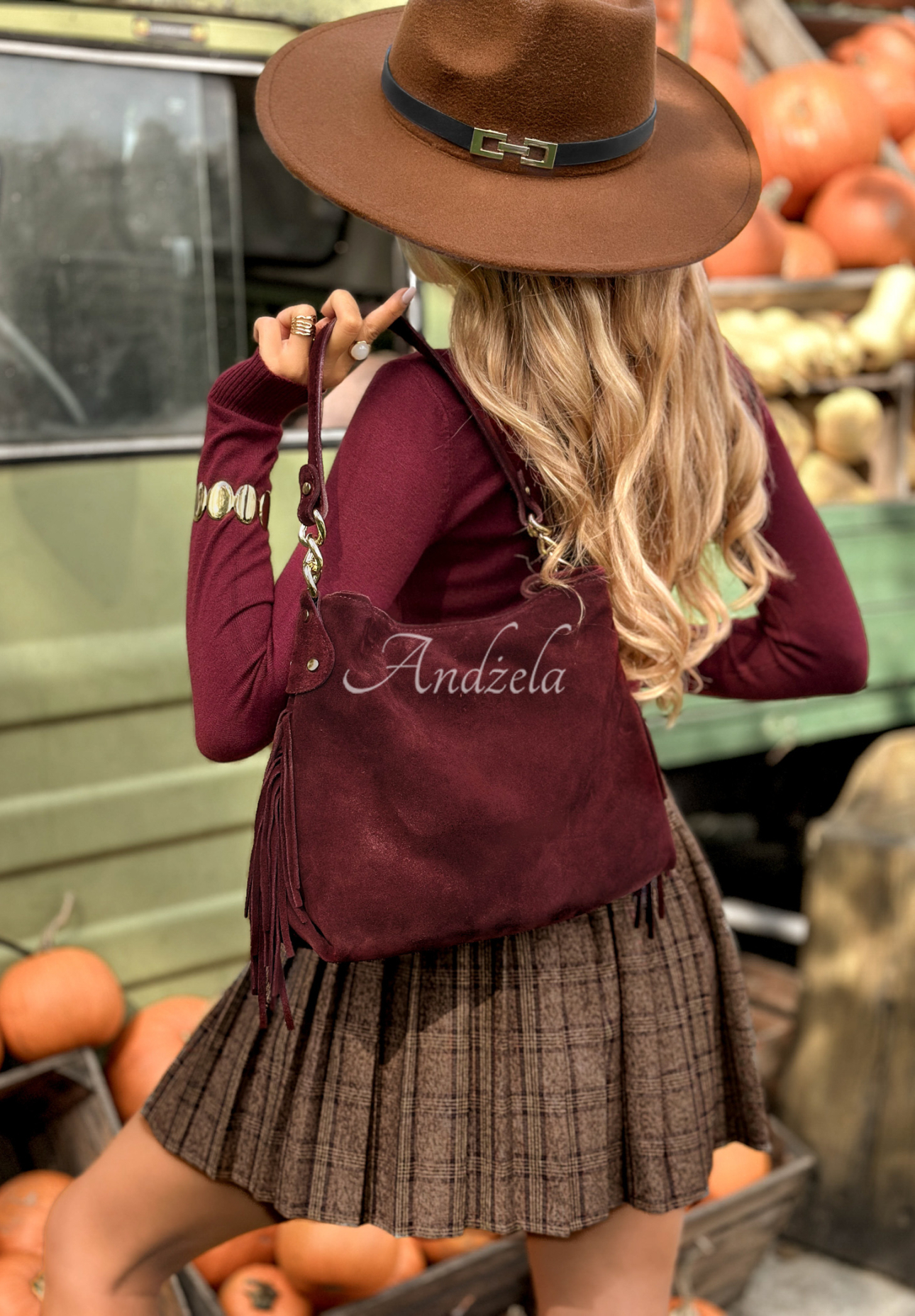 Zamszowa torebka z frędzlami Final Message burgundowa