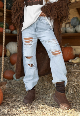 Spodnie jeansowe wide leg z przetarciami Hold That Thought niebieskie