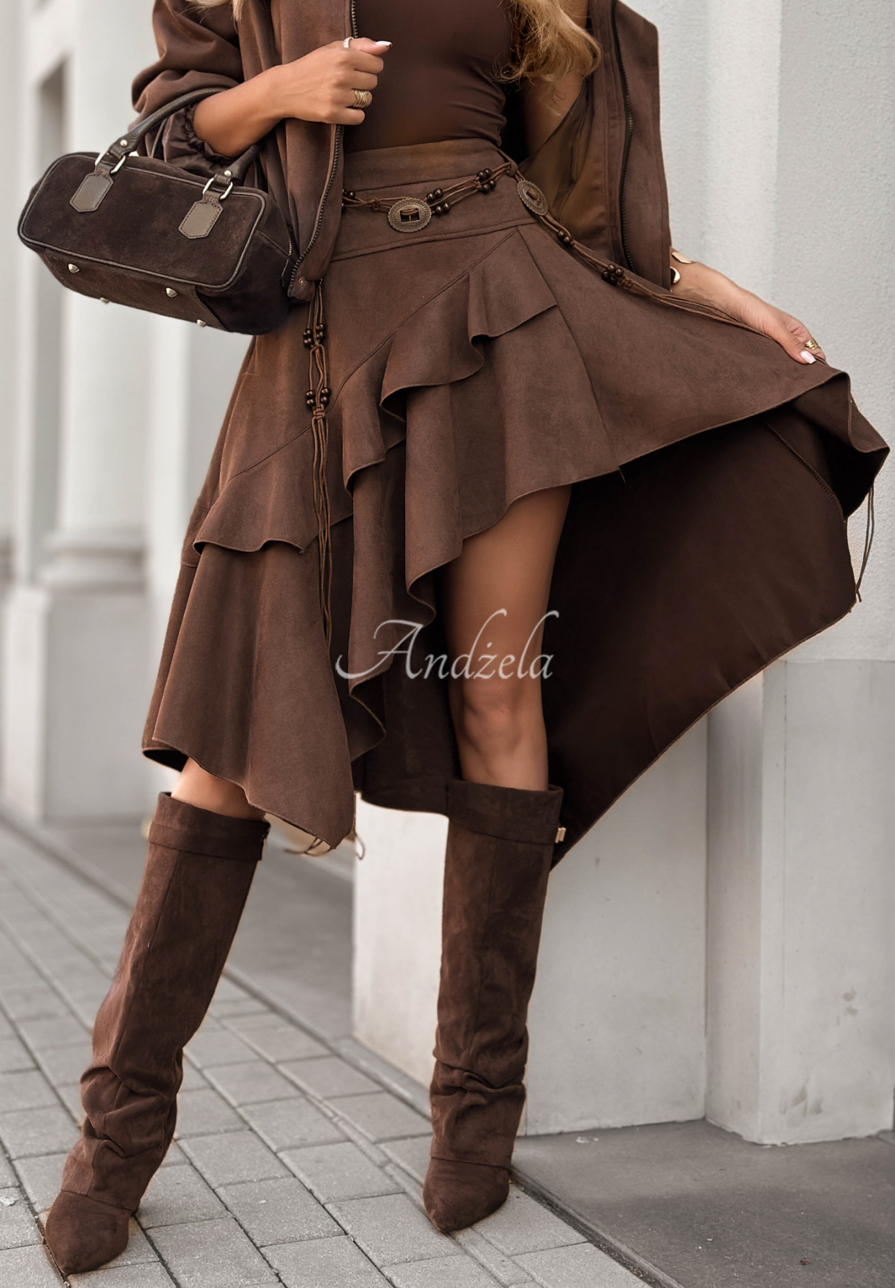 Suede skirt with ruffles and belt Fall Season chocolate