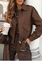 Krótka kurtka z kieszeniami Not Forget czekoladowa