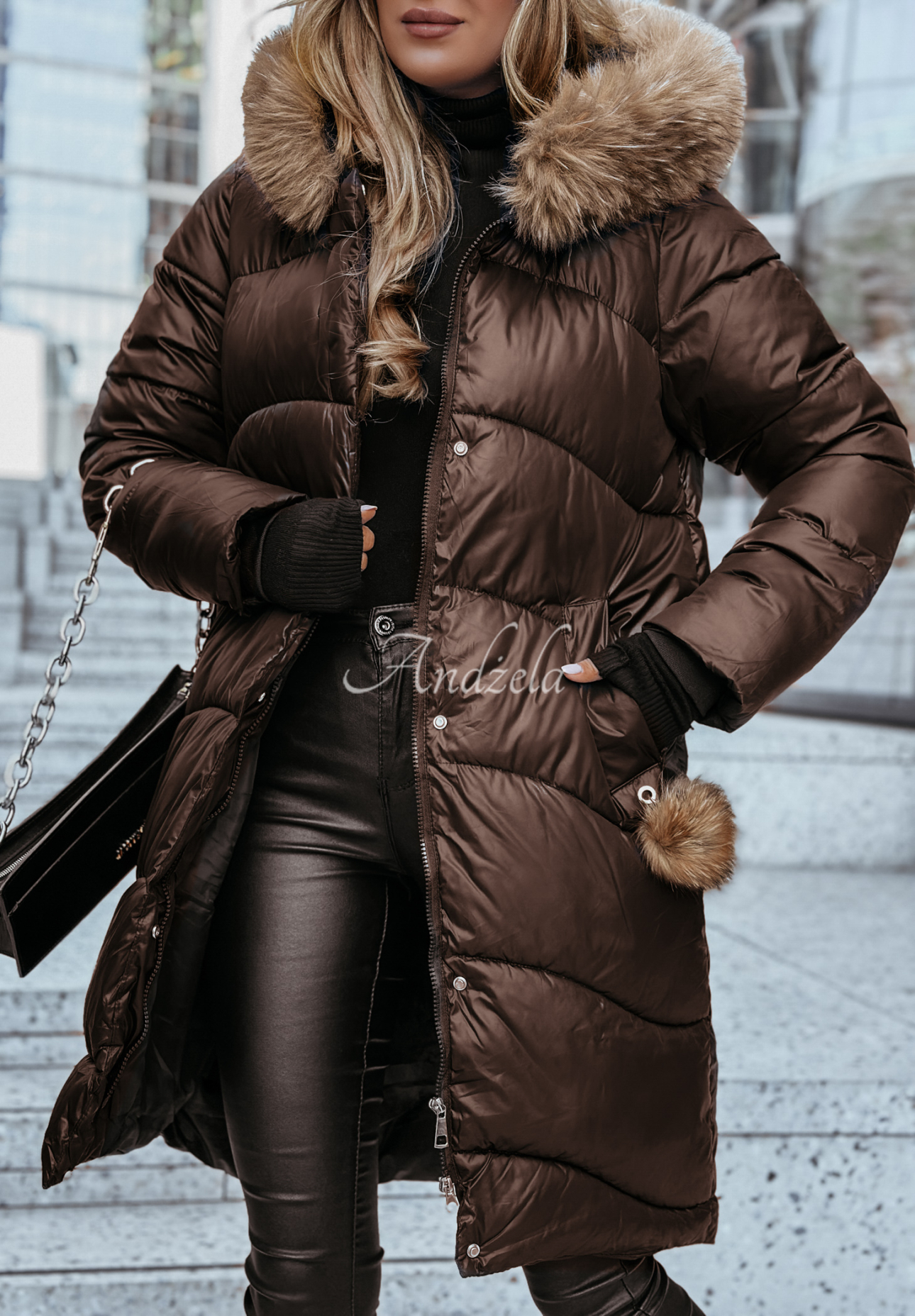 Long quilted jacket with fur Snow Offense chocolate II