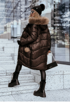 Długa pikowana kurtka z futerkiem Snow Offense czekoladowa II