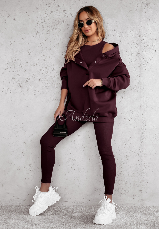 Komplet 3in1 legginsy, top i bluza Super Fit wino