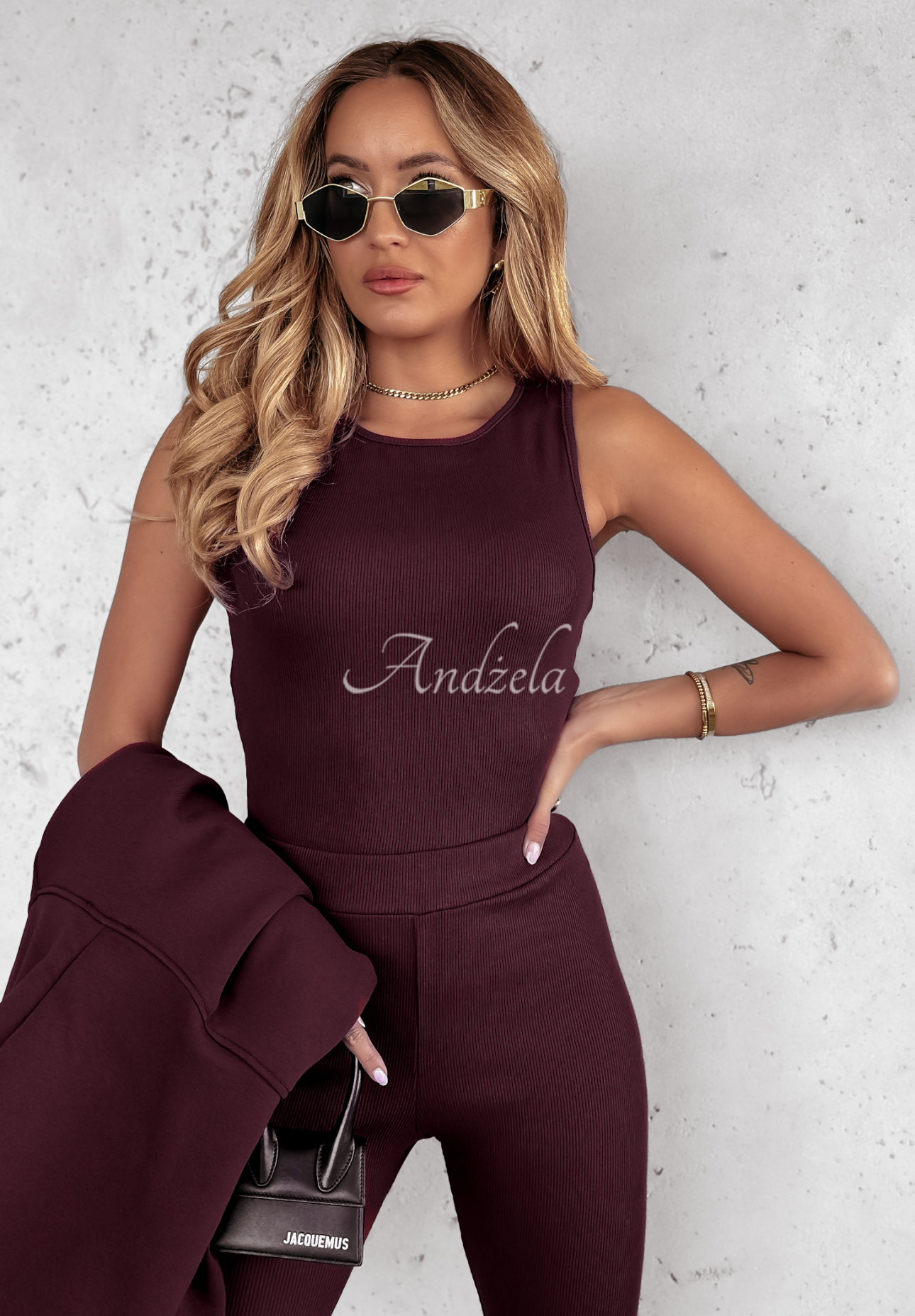 Komplet 3in1 legginsy, top i bluza Super Fit wino